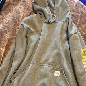 Carhartt Olive Green Pullover Hoodie with Yellow Sleeve Logo